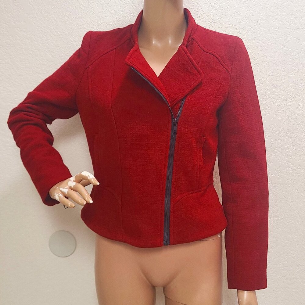 MILLY NEW YORK CROPPED FITTED RED WOOL MOTO-STYLE JACKET ZIP FRONT sz 8